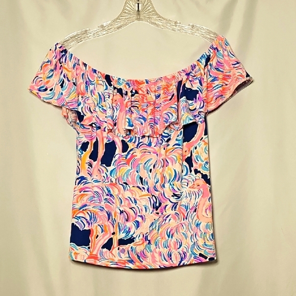Lilly Pulitzer Tops - Lilly Pulitzer Womens Soft Flowy Pink Blue Sleeveless Off Shoulder Ruffle Top S
